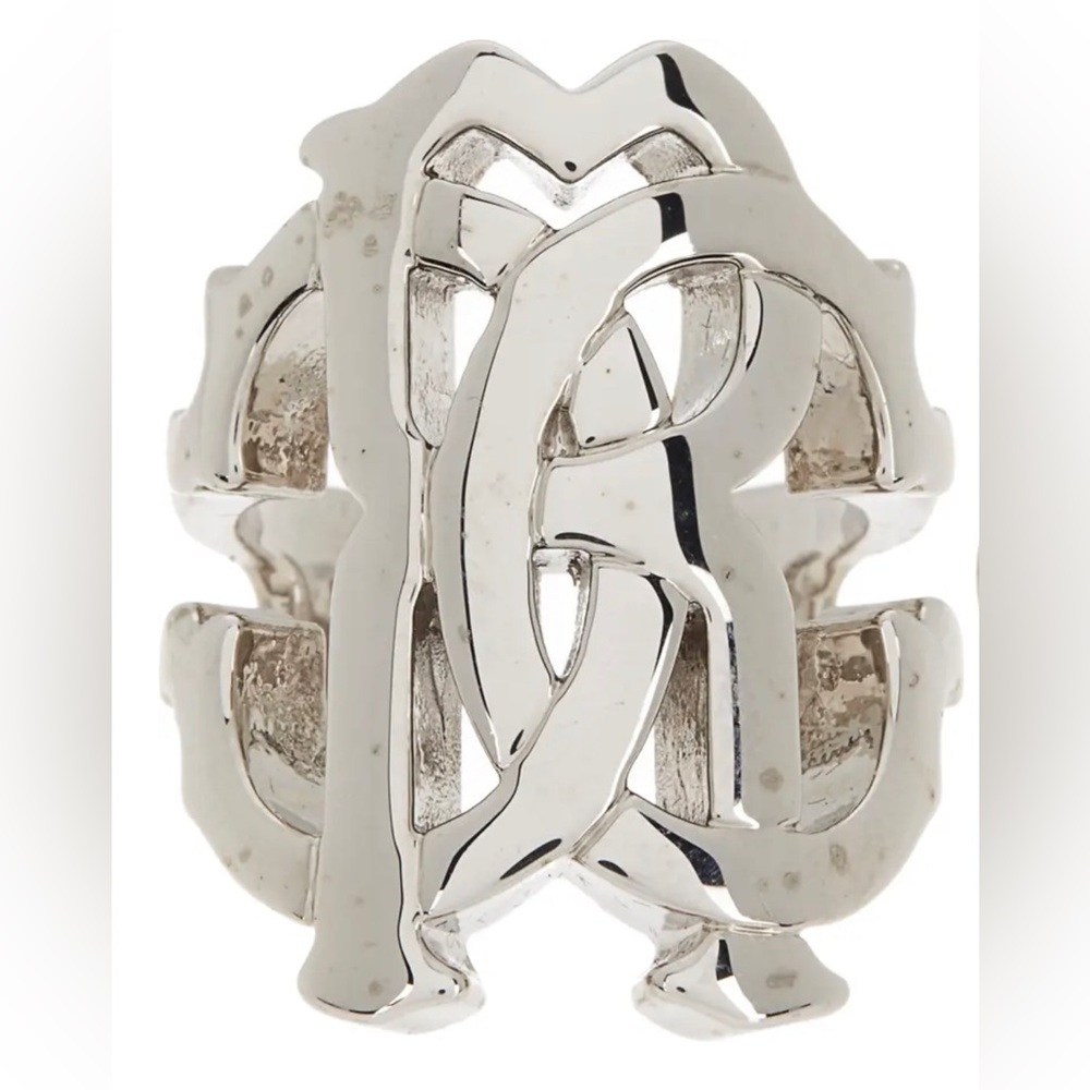 ROBERTO CAVALLI Silvertone Interlocking Logo Ring Size 6.5 NEW